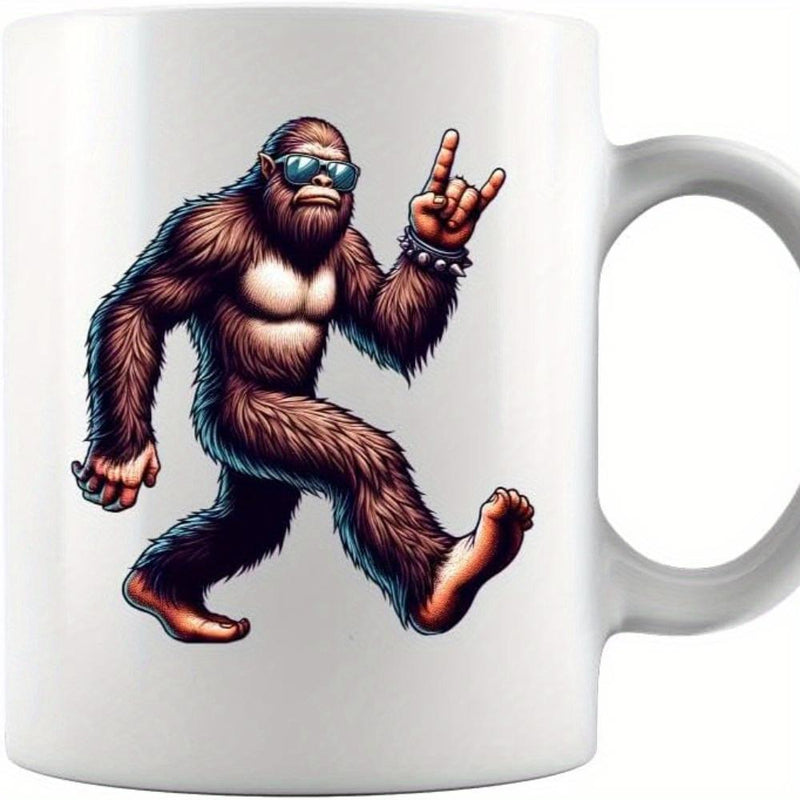 Tailorly White Ceramic 11 oz Mug - Cool Hairy Creature Walking With Shades Making Rock Hand Sign Bigfoot