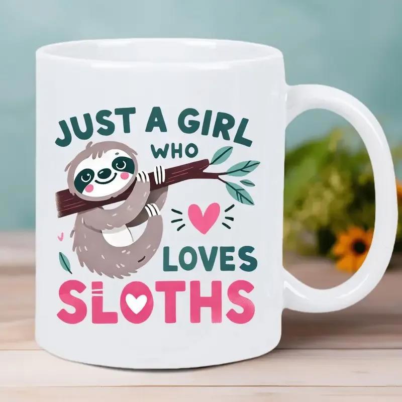 Tailorly White Ceramic 11 oz Mug - Just A Girl Who Loves Sloths Adorable Smiling Cartoon Animal Hanging From Tree Branch With Hearts Sloth