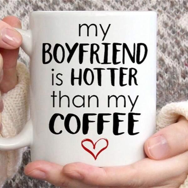 Tailorly White Ceramic 11 oz Mug - My Boyfriend Is Hotter Than My Coffee Minimalist Red Outline Positioned Below Bold Playful Artistic Font Typography Heart