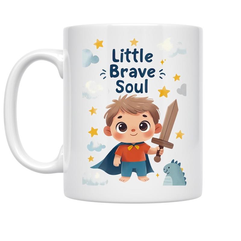 Tailorly White Ceramic 11 oz Mug - Little Brave Soul Adorable Little Boy Holding Wooden Sword Among Sparkling Golden Stars And Clouds Boy