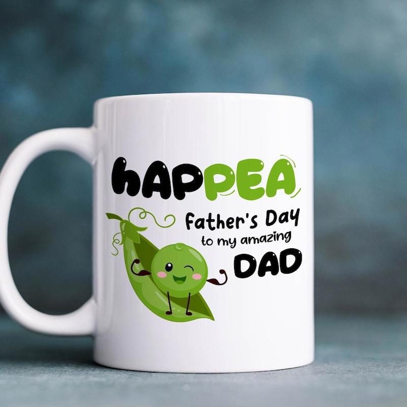 Tailorly White Ceramic 11 oz Mug - HapPEA Father's Day To My Amazing Dad Cute Green Cartoon Pea Inside Pod Showing Strong Muscular Arms Pea