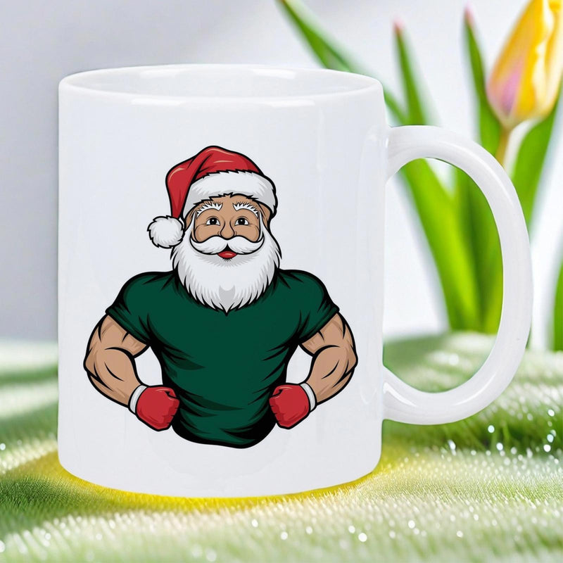 Tailorly White Ceramic 11 oz Mug - Strong Muscular Christmas Character Wearing Green Shirt And Red Gloves Santa