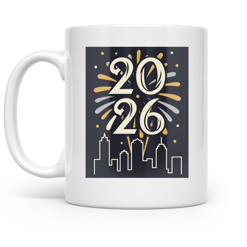 Tailorly White Ceramic 11 oz Mug - 2026 Festive Fireworks Bursting High Above A Modern Urban City Silhouette Skyline