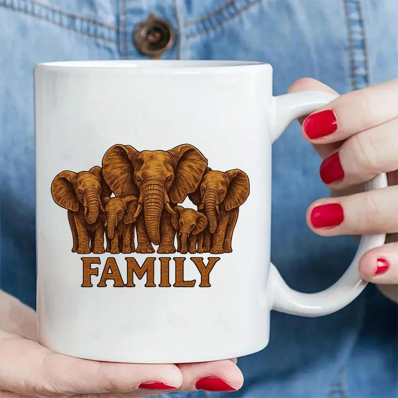 Tailorly White Ceramic 11 oz Mug - Family Majestic African Herd Standing Together In A Warm Natural Tone Elephant