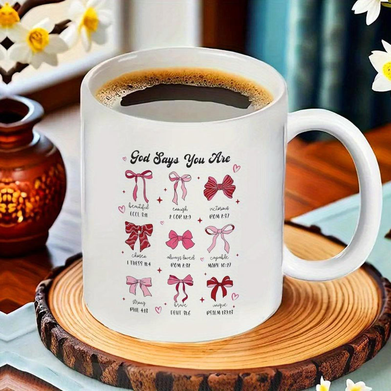 Tailorly White Ceramic 11 oz Mug - God Says You Are Graceful Pink Ribbons Arranged In Symmetrical Grid Layout Bow