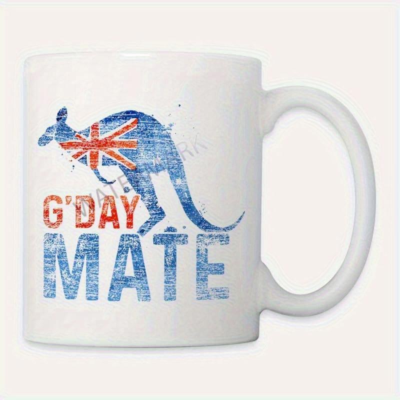 Tailorly White Ceramic 11 oz Mug - G Day Mate Distressed Australian Flag Pattern Inside A Jumping Silhouette Of A Kangaroo