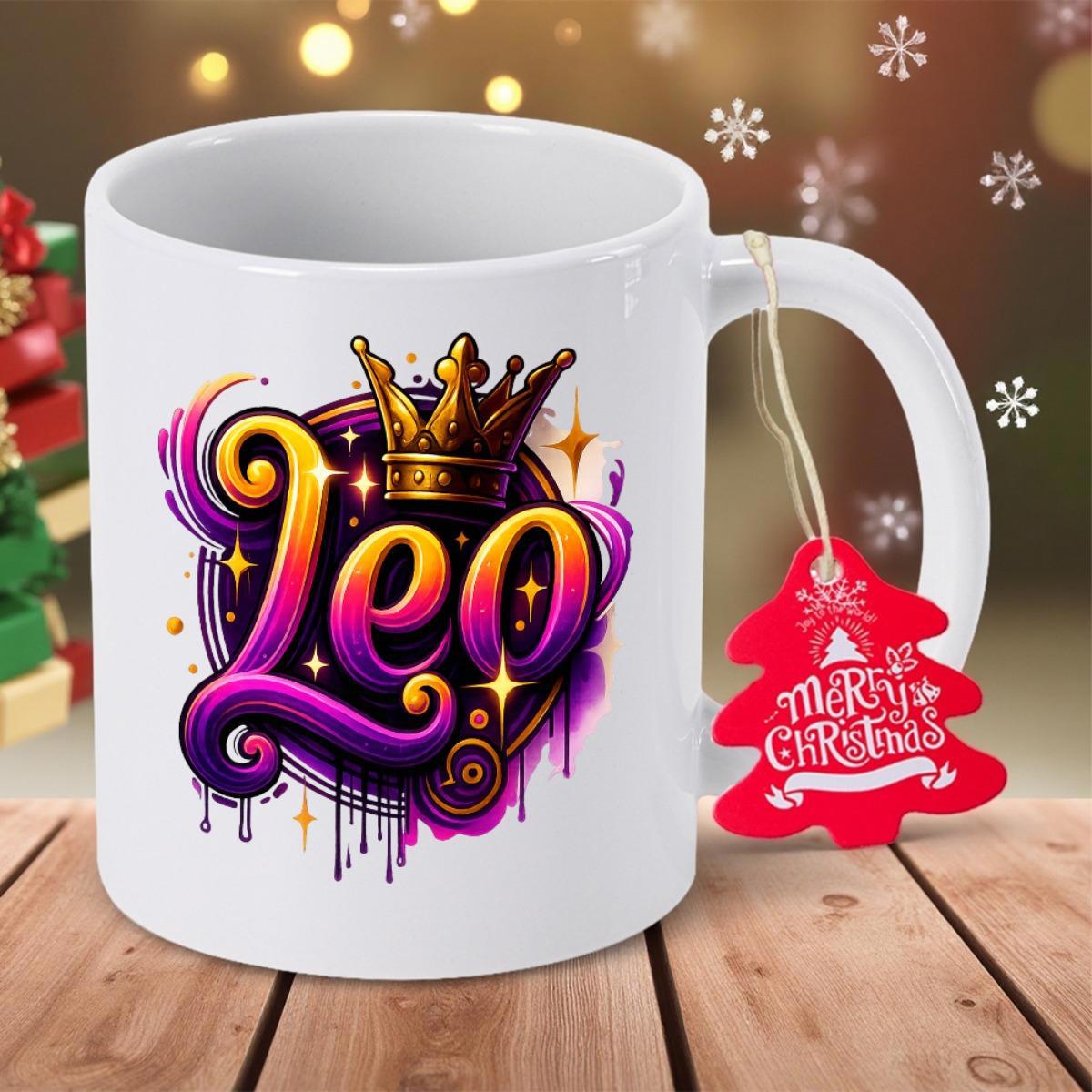Tailorly White Ceramic 11 oz Mug - Leo Vibrant Gradient Stylized Graphics Adorned With A Majestic Golden Crown