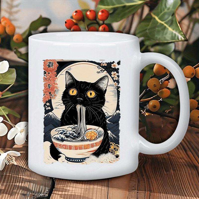 Tailorly White Ceramic 11 oz Mug - Vintage Japanese Art Style Slurping Ramen Noodles From Decorative Bowl Cat