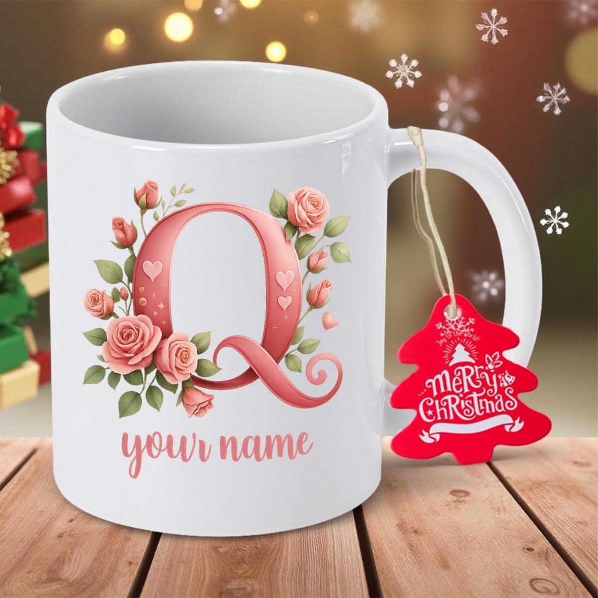 Tailorly White Ceramic 11 oz Mug - Merry Christmas Your Name Pink Roses With Elegant Green Leaves Surrounding An Ornate Stylized Initial