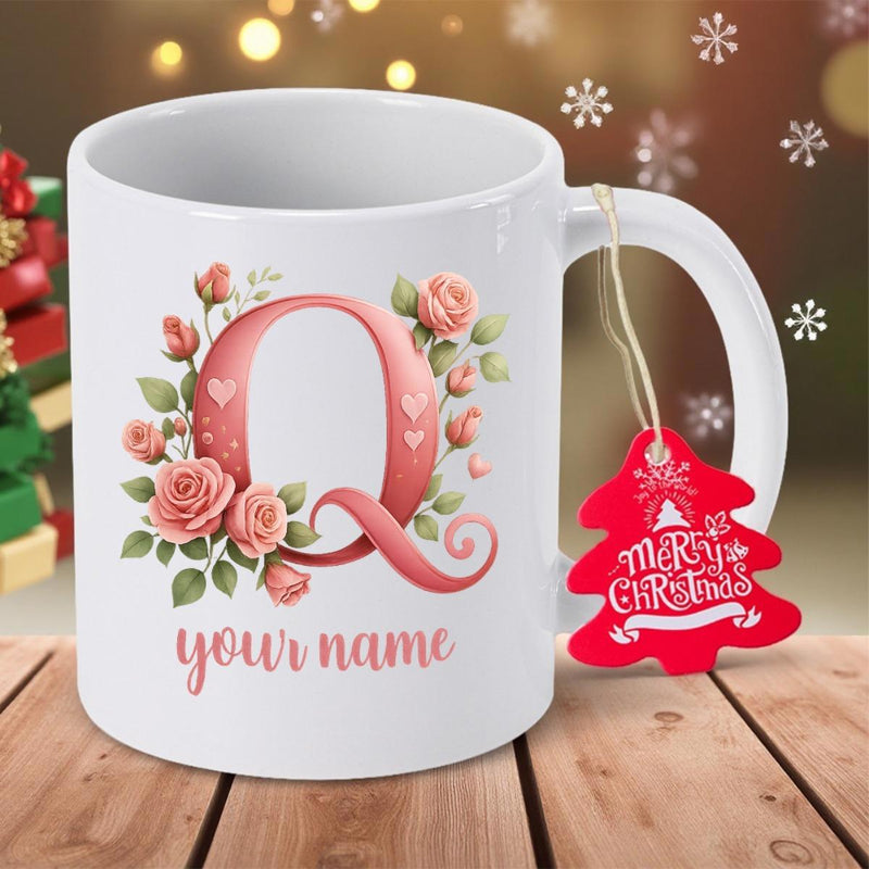 Tailorly White Ceramic 11 oz Mug - Merry Christmas Your Name Pink Roses With Elegant Green Leaves Surrounding An Ornate Stylized Initial