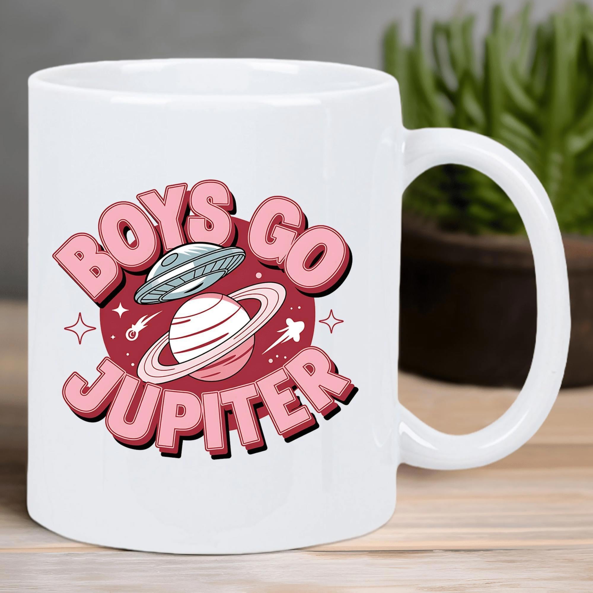 Tailorly White Ceramic 11 oz Mug - Boys Go Jupiter Floating UFO Hovering Above Ringed Celestial Body Among Twinkling Stars Planet