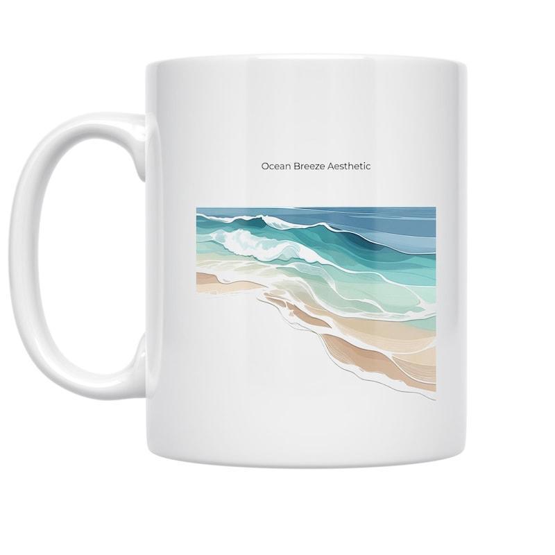 Tailorly White Ceramic 11 oz Mug - Ocean Breeze Aesthetic Calm Gentle Waves Washing Over Golden Sand In Summer Ocean
