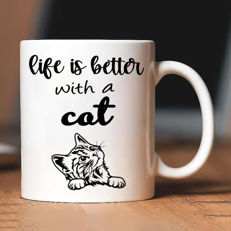 Tailorly White Ceramic 11 oz Mug - Life Is Better With A Cat Adorable Hand Drawn Sketch Of A Curious Peeking Kitten Cat