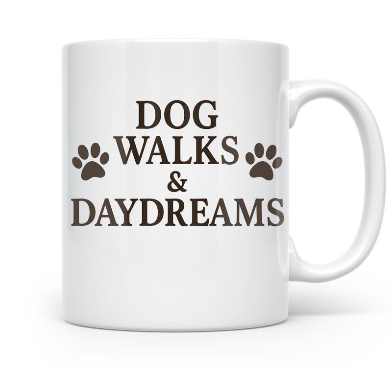 Tailorly White Ceramic 11 oz Mug - Dog Walks Daydreams Minimalist Black Typography With Elegant Silhouette Paw Prints Pattern Paw