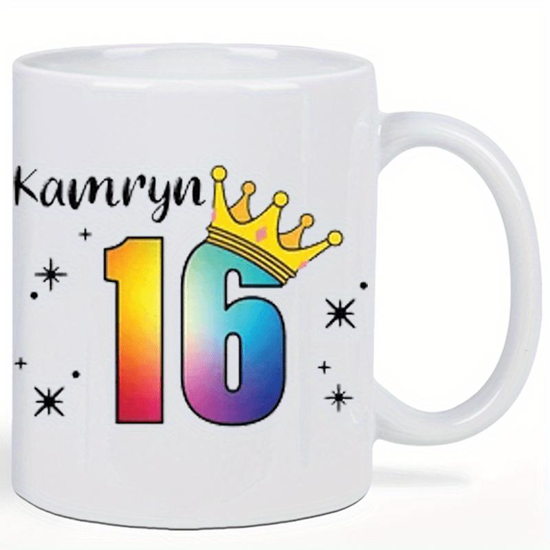 Tailorly White Ceramic 11 oz Mug - Kamryn Colorful Gradient Number Sixteen Wearing A Golden Crown With Sparkling Stars Mug