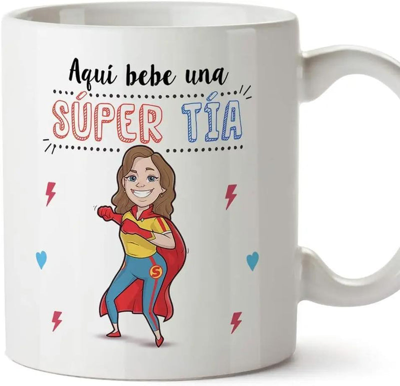 Tailorly White Ceramic 11 oz Mug - Super Happy Cartoon Superhero Character Wearing Red Cape With Lightning Bolts Woman