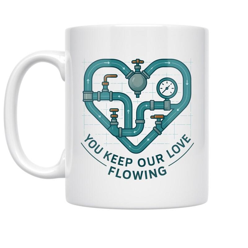 Tailorly White Ceramic 11 oz Mug - You Keep Our Love Flowing Intricate Industrial Blue Plumbing Pipes With Gauges And Valves Heart