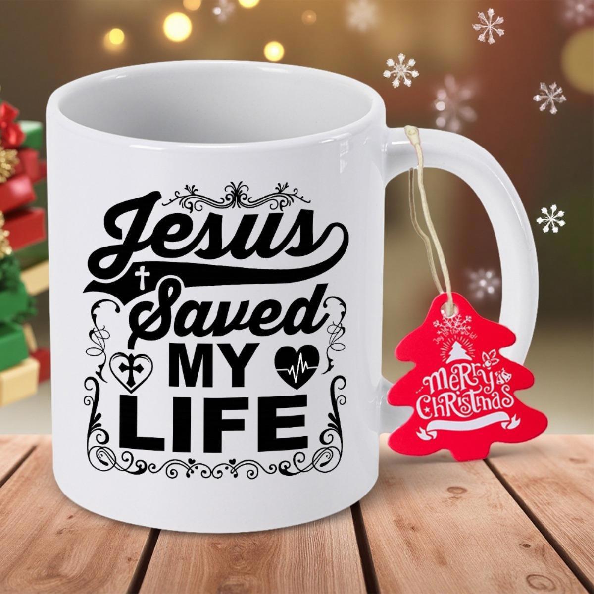 Tailorly White Ceramic 11 oz Mug - Jesus Saved My Life Elegant Script Typography With Ornate Swirls And Heartbeat Symbols
