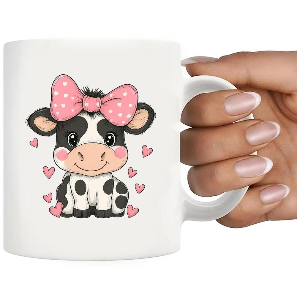 Tailorly White Ceramic 11 oz Mug - Adorable Baby Wearing Pink Polka Dot Bow Among Floating Hearts Cow