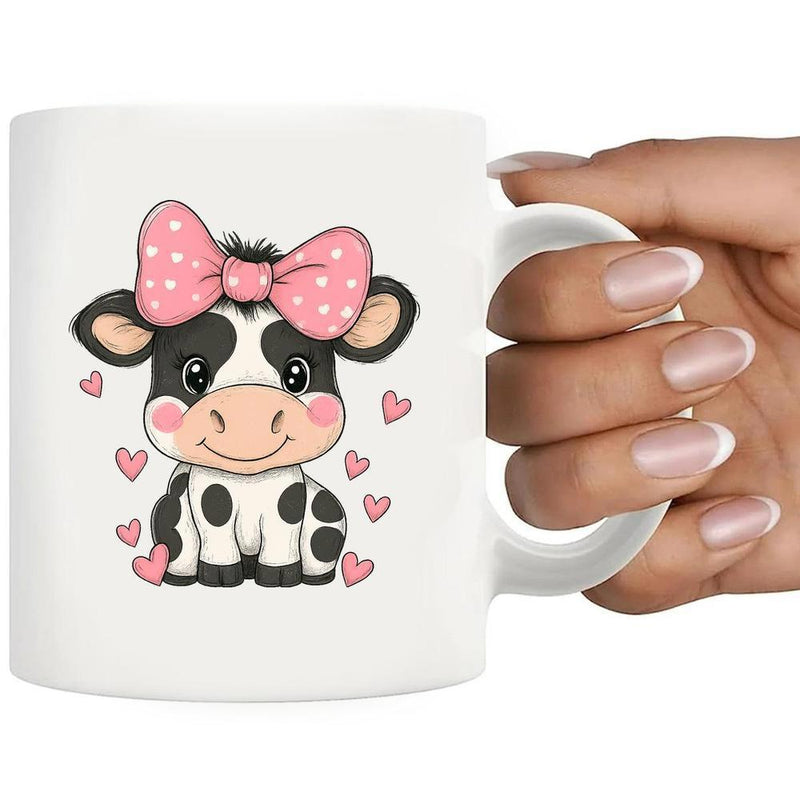 Tailorly White Ceramic 11 oz Mug - Adorable Baby Wearing Pink Polka Dot Bow Among Floating Hearts Cow