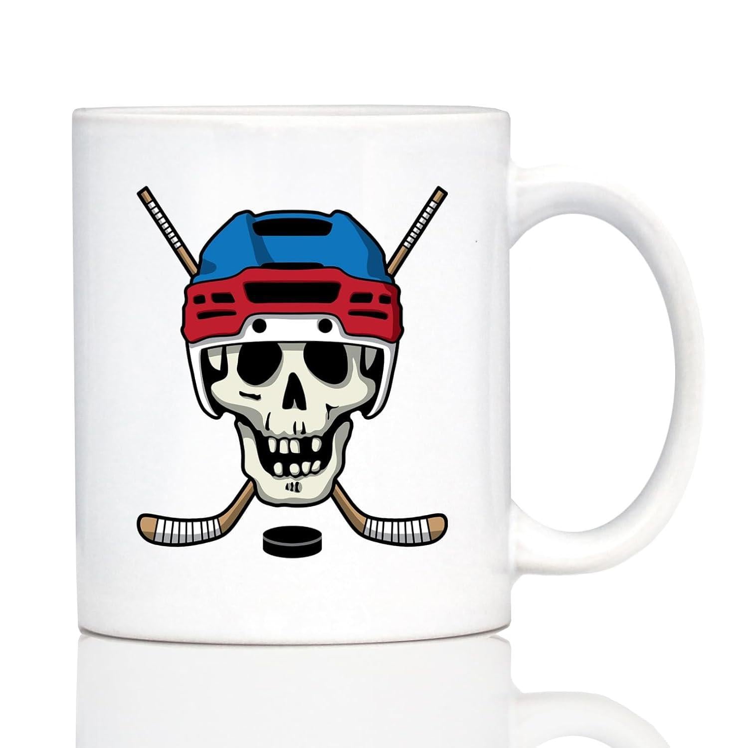 Tailorly White Ceramic 11 oz Mug - Aggressive Hockey Skull Wearing Colorful Helmet With Crossed Sticks And Puck Skull