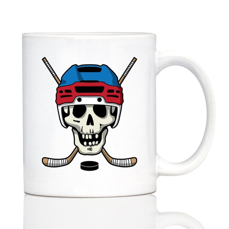 Tailorly White Ceramic 11 oz Mug - Aggressive Hockey Skull Wearing Colorful Helmet With Crossed Sticks And Puck Skull