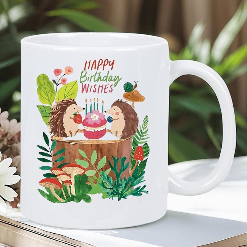 Tailorly White Ceramic 11 oz Mug - Happy Birthday Wishes Cute Hedgehogs Celebrating With A Cake Among Forest Leaves And Mushrooms Hedgehog