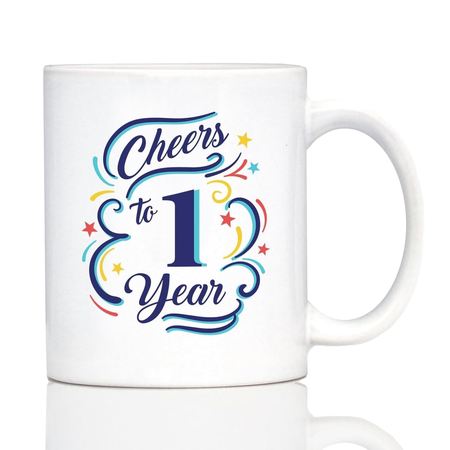 Tailorly White Ceramic 11 oz Mug - Cheers To 1 Year Festive Colorful Swirls And Stars On A Clean