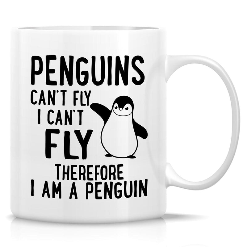 Tailorly White Ceramic 11 oz Mug - Penguins Cant Fly I Cant Fly Therefore I Am A Penguin Cute Standing Cartoon Penguin With Raised Wing On Minimalist White