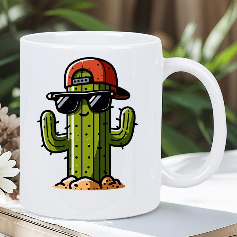 Tailorly White Ceramic 11 oz Mug - Cartoon Green Succulent Wearing Red Snapback Hat And Stylish Black Sunglasses Cactus