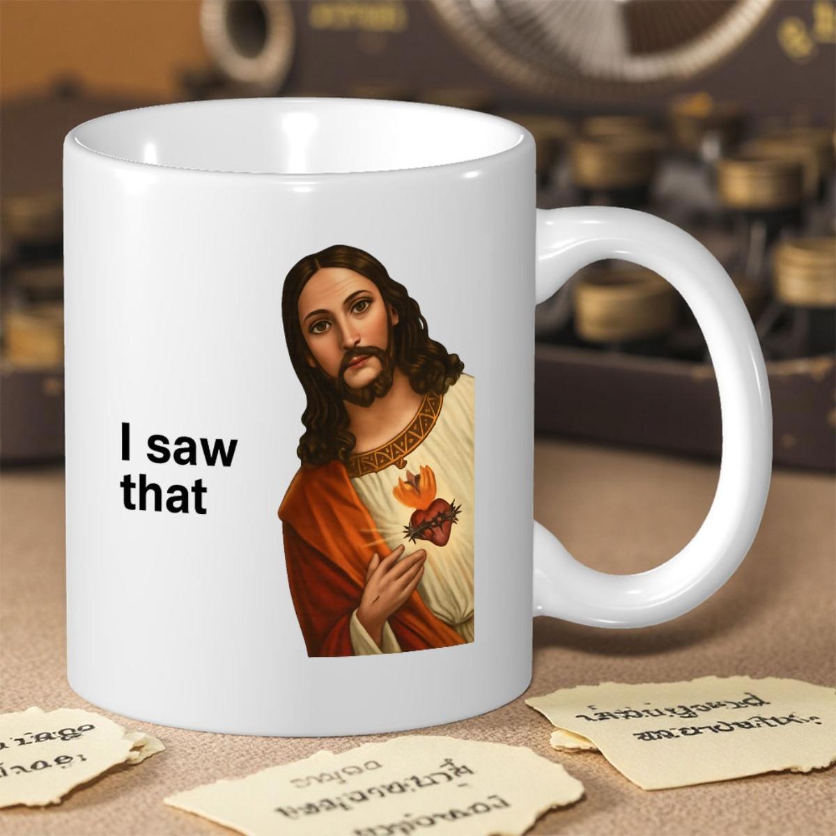 Tailorly White Ceramic 11 oz Mug - I Saw That Classical Sacred Heart Painting Peeking Behind White Surface Jesus