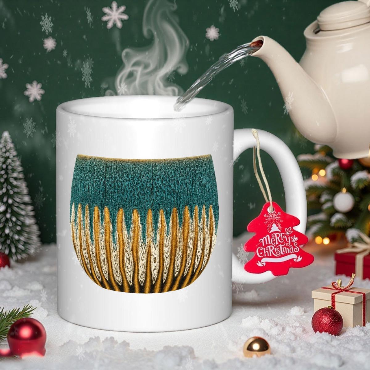 Tailorly White Ceramic 11 oz Mug - Merry Christmas Teal And Gold Textured Abstract Design With Elegant Vertical Shimmering Brushstrokes Pattern