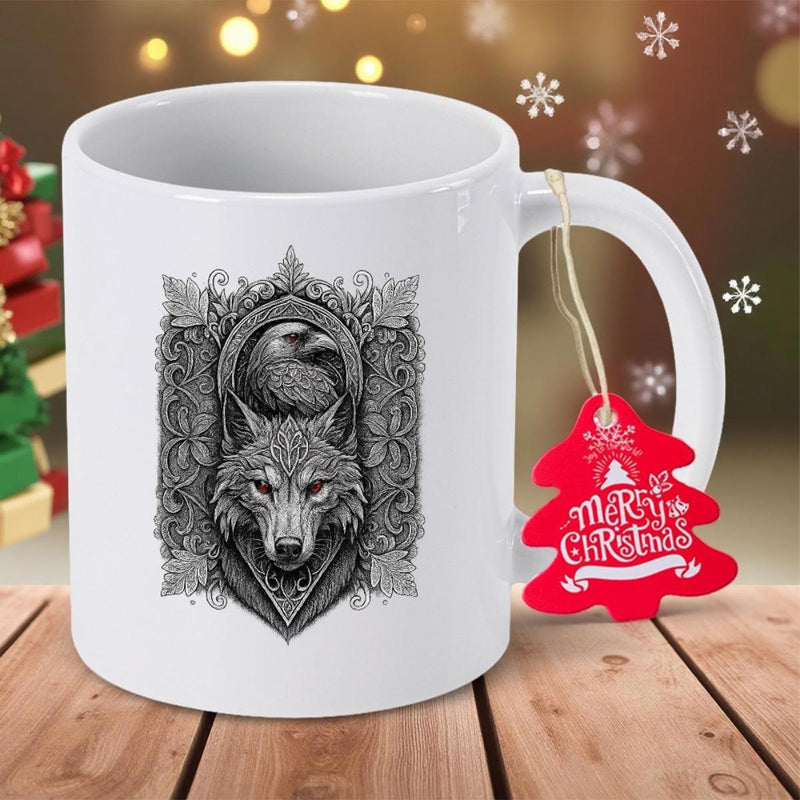 Tailorly White Ceramic 11 oz Mug - Merry Christmas Ornate Monochrome Frame With Fierce Eagle Guarding A Serene Majestic Wolf