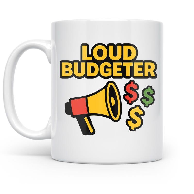 Tailorly White Ceramic 11 oz Mug - Loud Budgeter Colorful Currency Symbols Beside A Brightly Colored Loudspeaking Device Megaphone