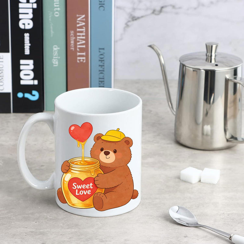 Tailorly White Ceramic 11 oz Mug - Sweet Love Adorable Cartoon Animal Wearing Yellow Hat Hugging Golden Honey Pot With Hearts Bear