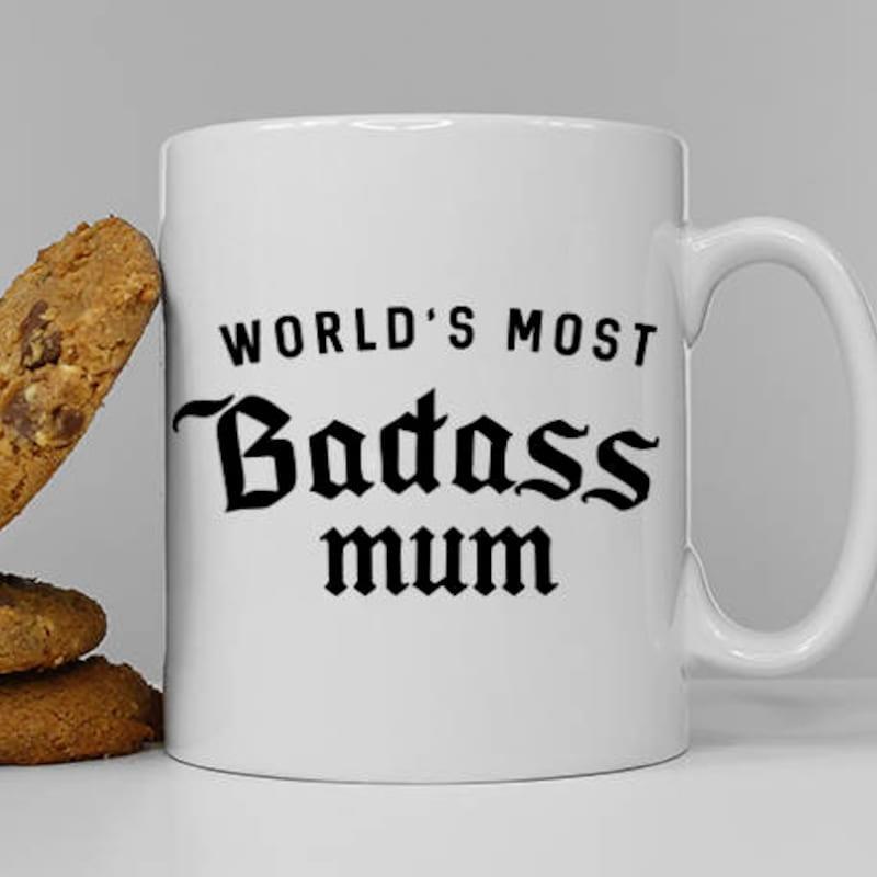 Tailorly White Ceramic 11 oz Mug - Worlds Most Badass Mum Gothic Style Bold Black Typography On A Minimalist