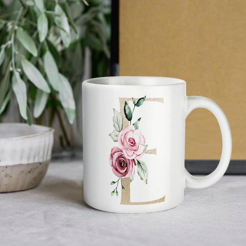 Tailorly White Ceramic 11 oz Mug - E Delicate Pink Watercolor Roses Blooming Around A Golden Serif Monogram Letter