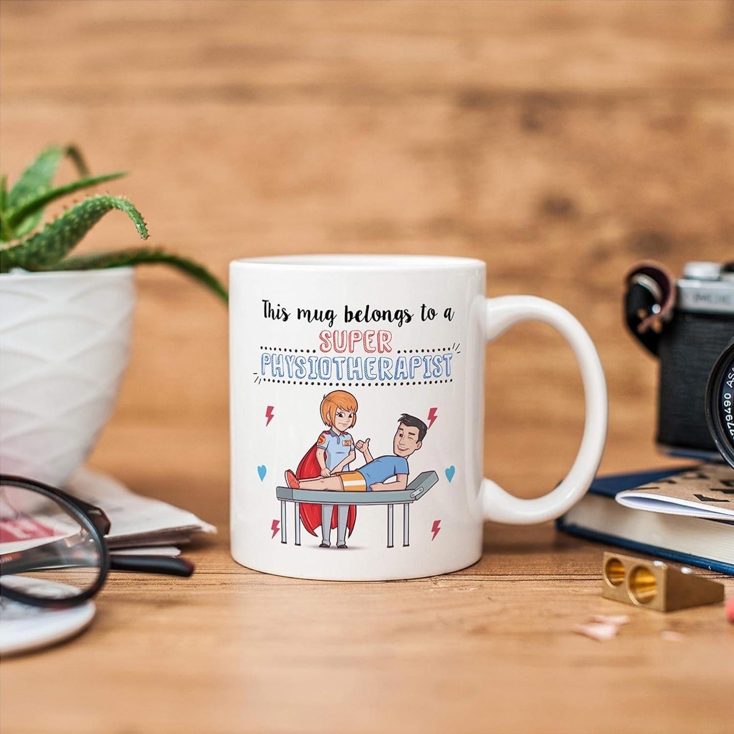 Tailorly White Ceramic 11 oz Mug - This Mug Belongs To A Super Physiotherapist Heroic Female Healthcare Worker Wearing Cape Treating Patient On Treatment Table