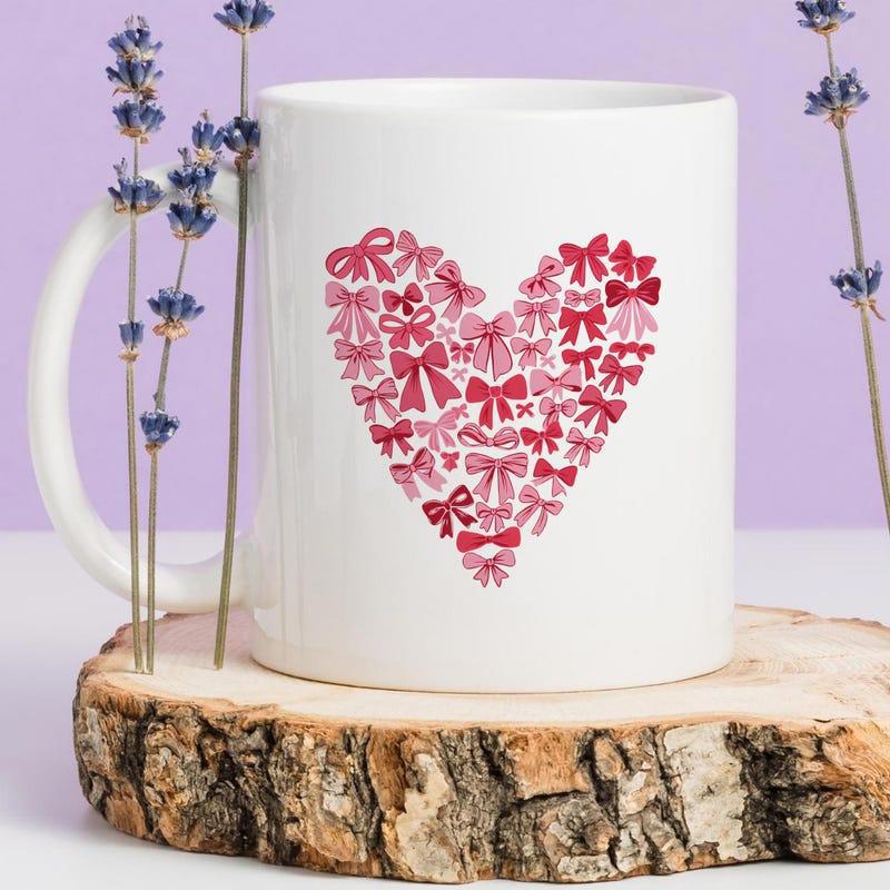 Tailorly White Ceramic 11 oz Mug - Charming Romantic Pattern With Tiny Pink And Red Delicate Decorative Bows Heart