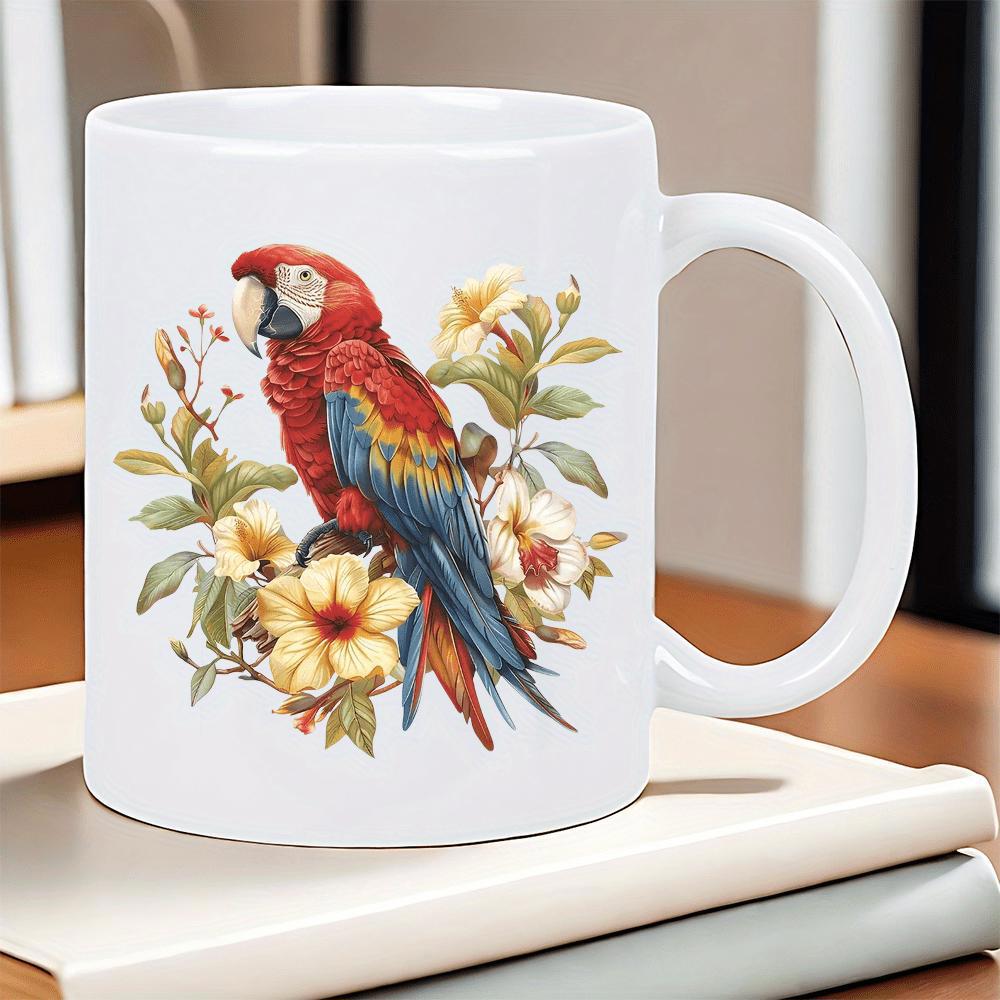 Tailorly White Ceramic 11 oz Mug - Vibrant Scarlet Macaw Perched Among Tropical Blooming Flowers With Lush Green Foliage Parrot