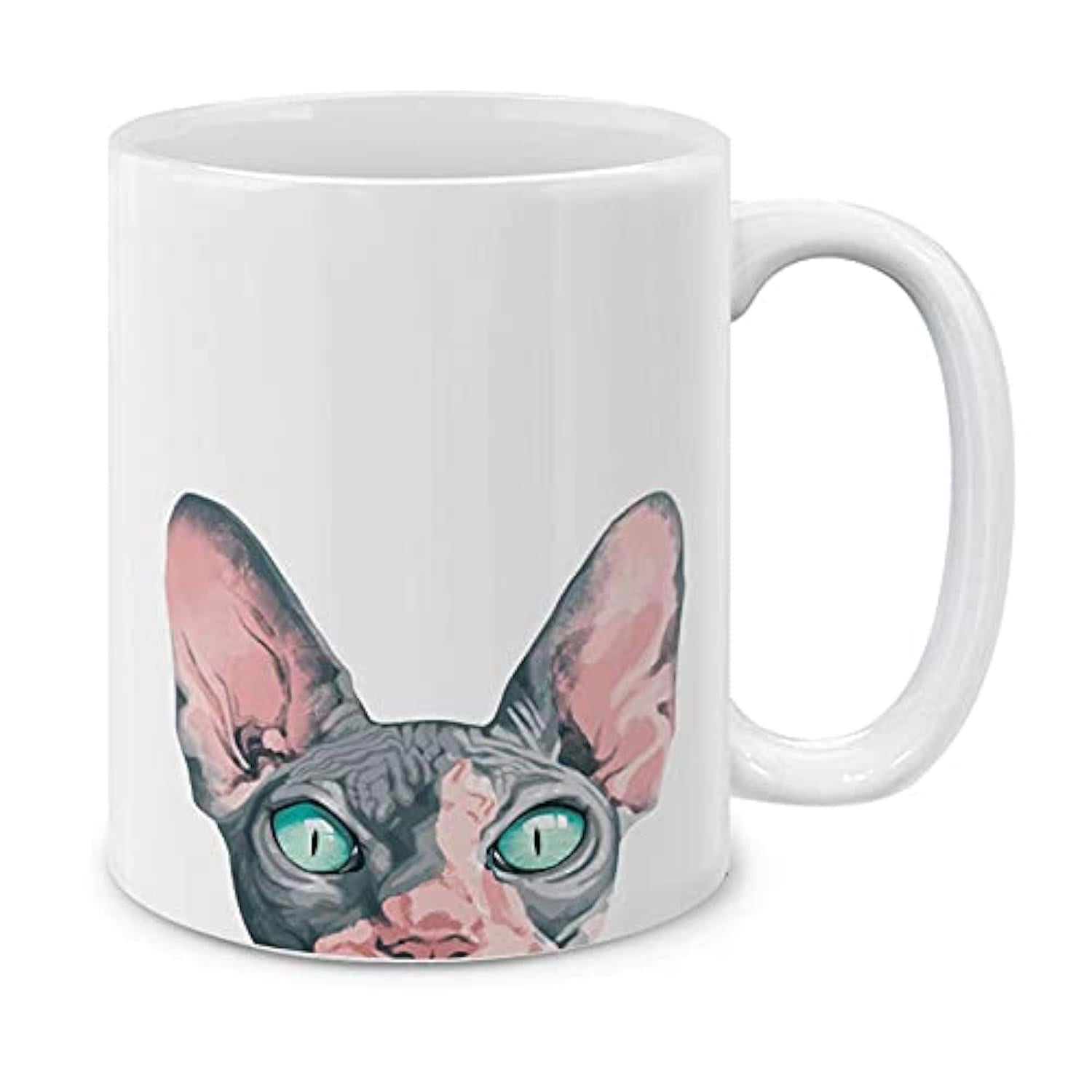 Tailorly White Ceramic 11 oz Mug - Artistic Sphynx Peeking Over Edge With Large Ears And Striking Teal Eyes Cat