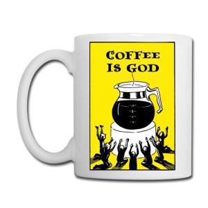 Tailorly White Ceramic 11 oz Mug - Coffee Is God Yellow Background Featuring People Worshipping A Steaming Fresh Brewed Carafe