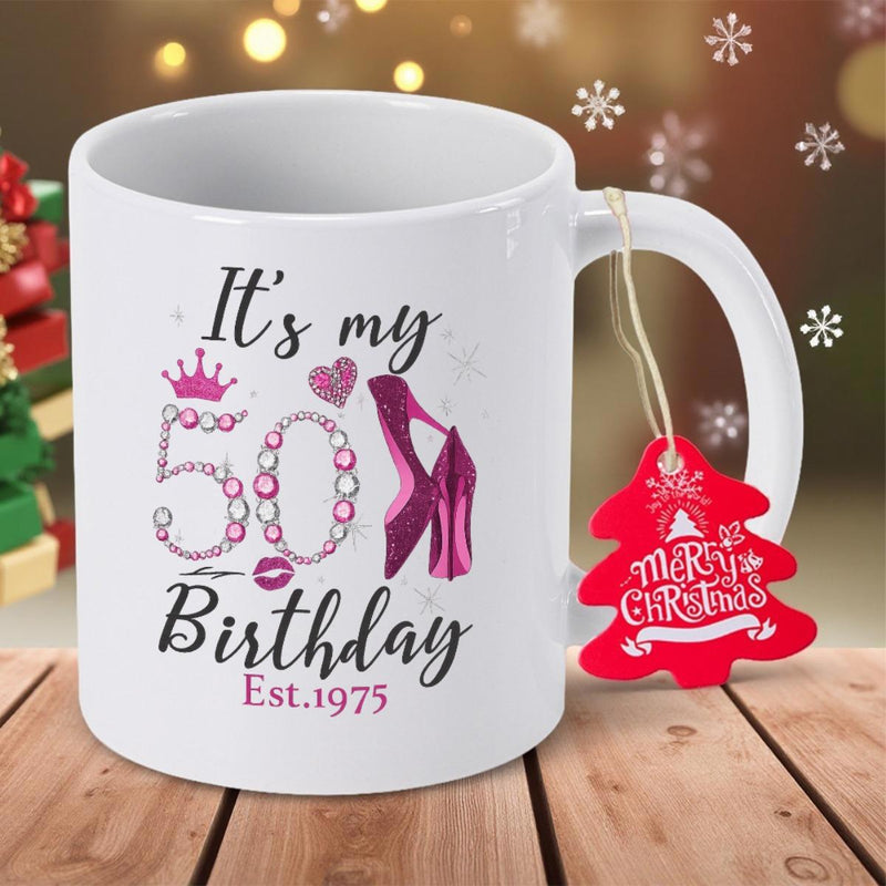 Tailorly White Ceramic 11 oz Mug - Its My 50th Birthday Est 1975 Merry Christmas Sparkling Pink High Heels With Royal Crown And Elegant Pearl Numbers Mug