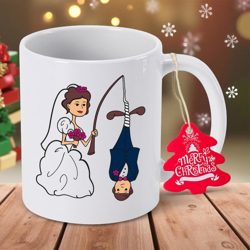 Tailorly White Ceramic 11 oz Mug - Humorous Wedding Scene With Bride Catching Her Groom On Fishing Line Couple