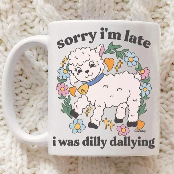 Tailorly White Ceramic 11 oz Mug - Sorry Im Late I Was Dilly Dallying Adorable Retro Fluffy Sheep Among Colorful Flowers And Golden Bell Lamb