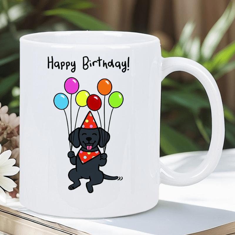 Tailorly White Ceramic 11 oz Mug - Happy Birthday Festive Cartoon Puppy Floating With Colorful Balloons And Wearing A Party Hat Dog