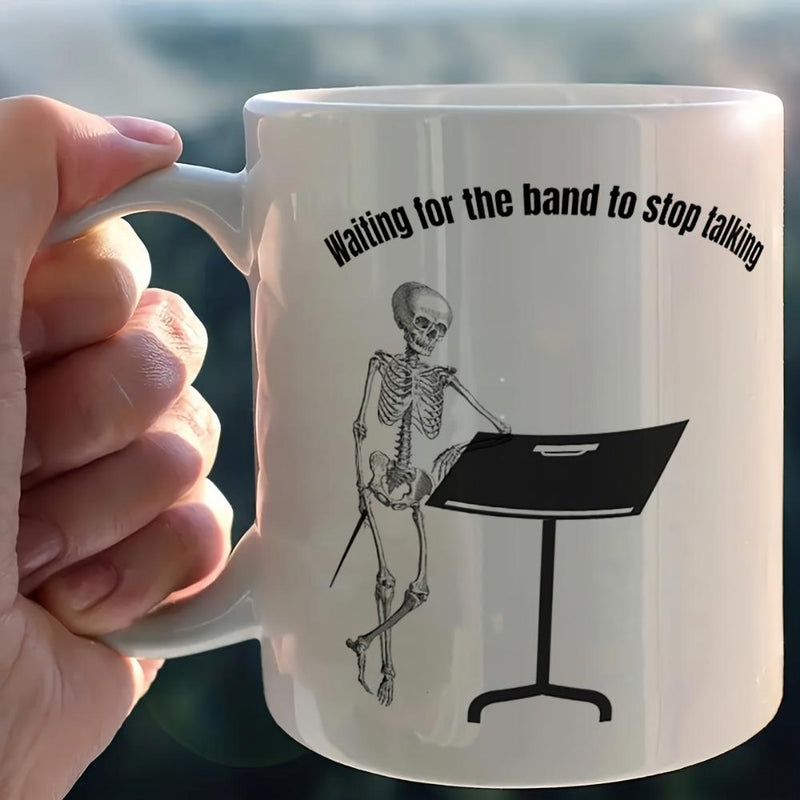 Tailorly White Ceramic 11 oz Mug - Waiting For The Band To Stop Talking Skeletal Conductor Leaning On A Music Stand In Silent Room Skeleton