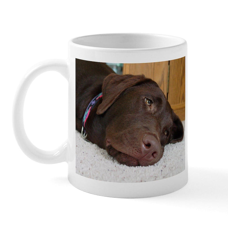 Tailorly White Ceramic 11 oz Mug - Chocolate Labrador Retriever Resting Comfortably On A Soft White Textured Carpet Dog
