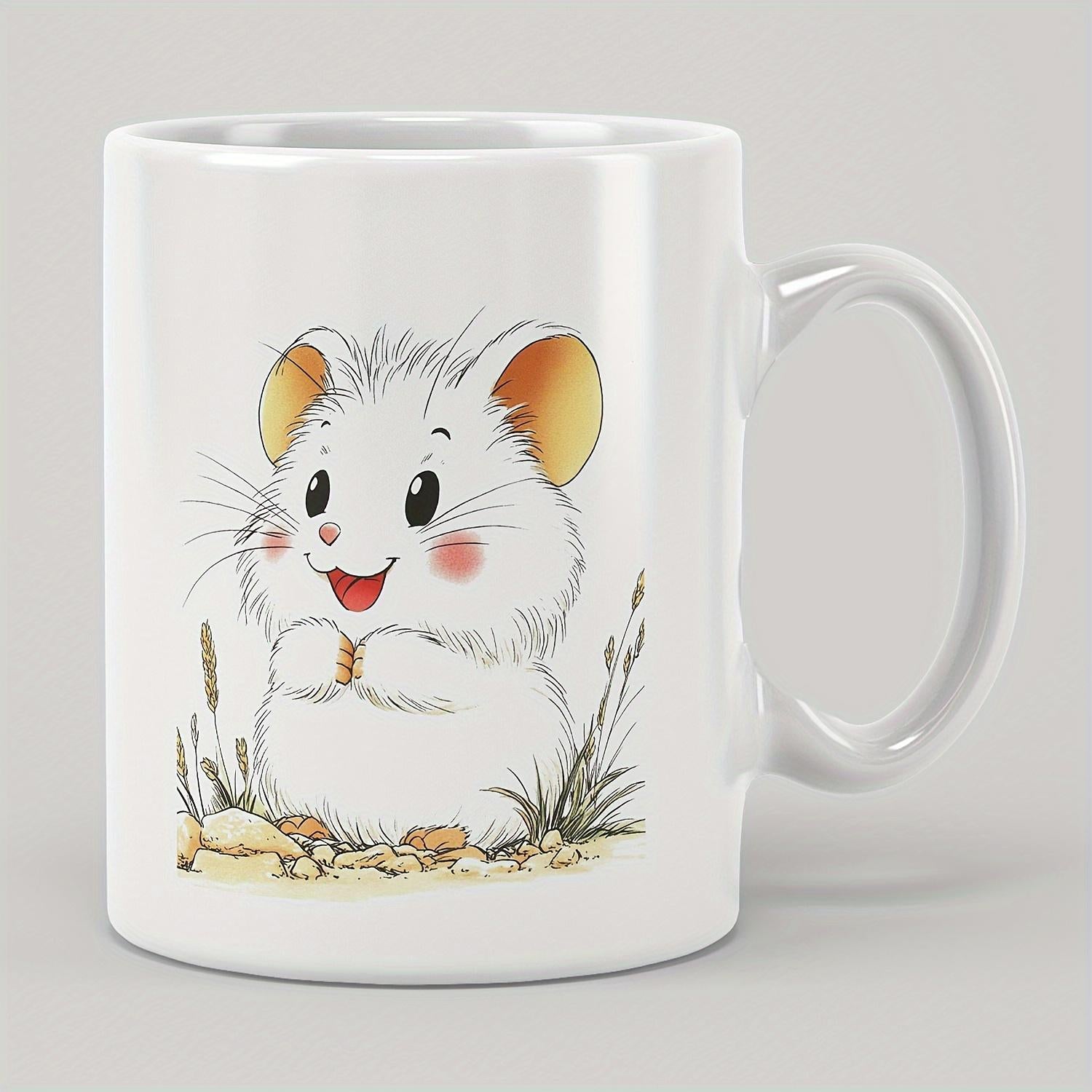 Tailorly White Ceramic 11 oz Mug - Adorable Fluffy White Animal Sitting Among Wild Grass And Seeds Hamster