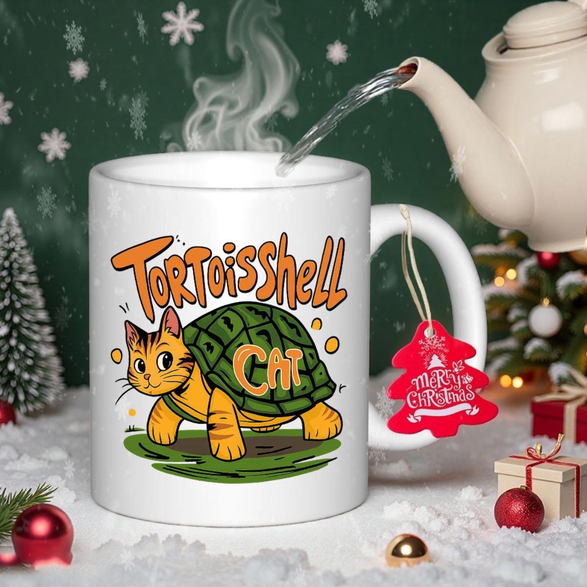 Tailorly White Ceramic 11 oz Mug - Tortoiseshell Cat Whimsical Orange Kitten Wearing A Protective Green Patterned Shell Cat